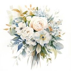 Watercolor wedding bouquet on white, featuring delicate blooms