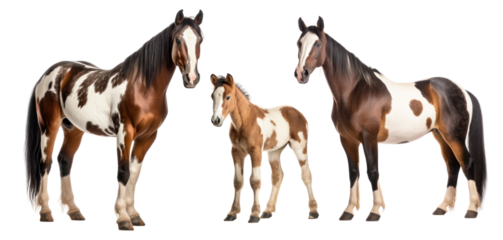 Group of pinto horses: mare, stallion and foal, animal family isolated on transparent background. PNG clip art elements.