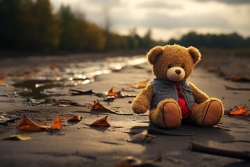 Forgotten companion Lonely, broken bear toy on a melancholic background