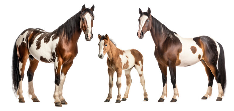 Group of pinto horses: mare, stallion and foal, animal family isolated on transparent background. PNG clip art elements.