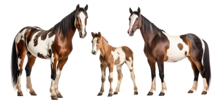 Group of pinto horses: mare, stallion and foal, animal family isolated on transparent background. PNG clip art elements.