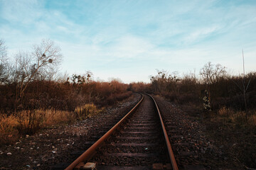 Obraz premium Railroad tracks in the Countryside - Rails - Rail Track - Background - Railroad - Concept - Horizon - Nature - Sky - Urbex / Urbexing - Lost Place 
