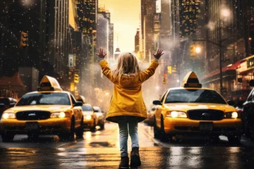 Papier Peint photo Lavable TAXI de new york Resourceful girl take taxi. Urban car. Generate Ai