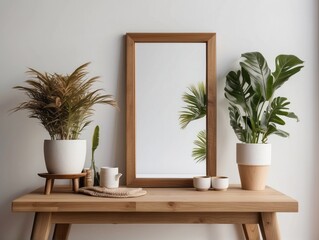 Portrait empty wooden frame mockup in sunlight. Olive branch in modern organic shaped vase. Beige linen table cloth