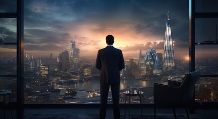 businessman admiring skyline at london - obrazy, fototapety, plakaty