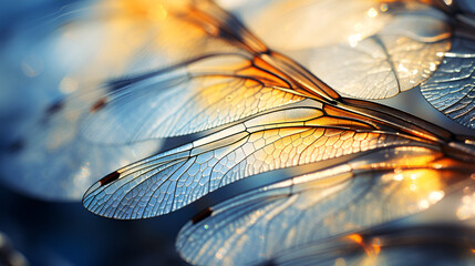 Macro Close Up Photograph of insect wing, golden light, reflections, see through, extreme detail, intricate, Dewy Dragonfly Wing Macroeagle feather texture pattern for background


