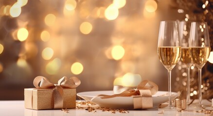 Naklejka na ściany i meble champagne flutes and present at the christmas table