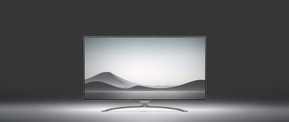 isolated flat or curved television tv set screen background in the style of commercial of video streaming service or electronics advertisement, wide banner mockup of empty black screen