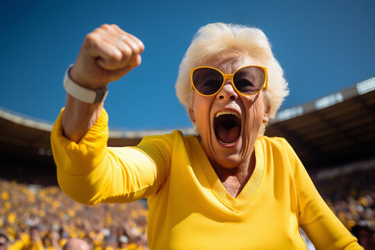 The old lady at the stadium sports event competition cheering. Generative ai image
