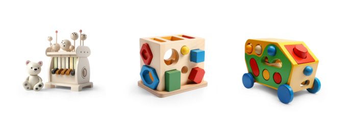 cutout set of 3 colorful classic toddler or baby toys of car wheels, xylophone and geometric cubes isolated on transparent png background