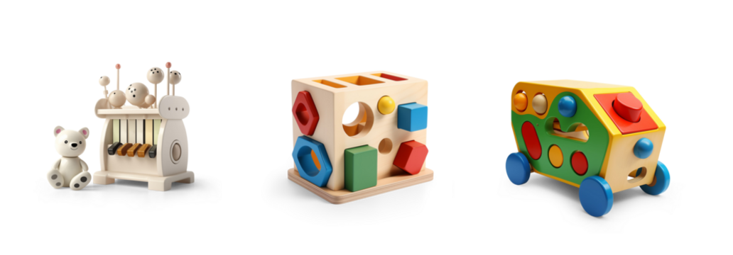 cutout set of 3 colorful classic toddler or baby toys of car wheels, xylophone and geometric cubes isolated on transparent png background