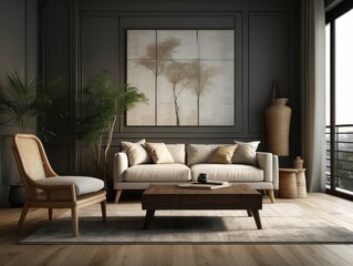 Modern composition of living room with design chaise longue, mock up painting, rattan decoration, wooden cube