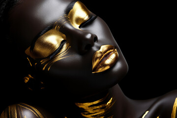 african woman face with metallic gold eyeshadow and lips