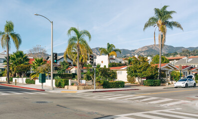 Fototapeta na wymiar Santa Barbara Downtown, street view. Architecture, landscape, traffic, city life