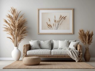 Stylish white interior of living room with mock up poster frame, rattan decoration, leaf, wooden shelf