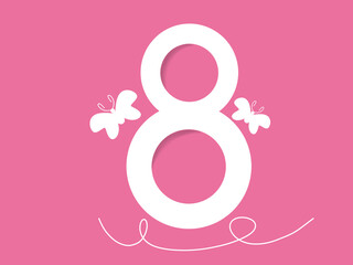 Design eight number white color and butterfly in side on Pink background