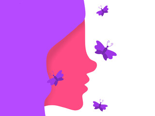 female head illustration design  With pink, purple hair on the side, there were many butterflies.  Leave space for ideas.