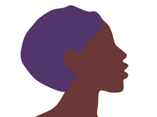 Design illustration of a black woman's face with purple hair on a white background.