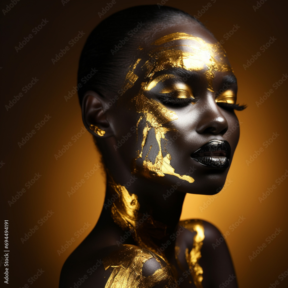 Wall mural Portrait of an African model with metallic gold makeup - Wall murals