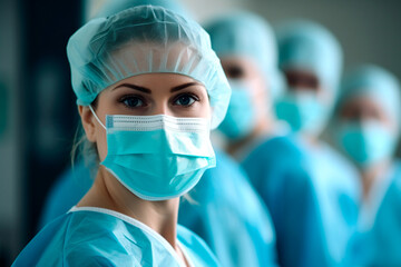 A healthcare worker woman wearing a mask in infectious diseases ward