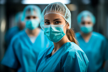 Fototapeta na wymiar A healthcare worker woman wearing a mask in infectious diseases ward