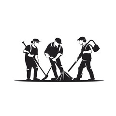 black and people, illustration of a silhouettes of people, man and person with a tree, illustration of a worker with a shovel, Cleaning Team vector illustration, black and white illustration, cleaning
