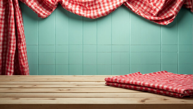 Empty Wooden Deck Table And Red Checked Tablecloth Over Mint Wallpaper Background