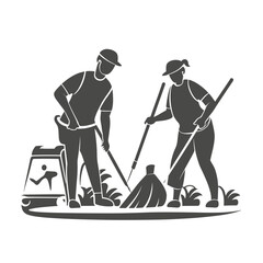 illustration of a worker with a shovel, Cleaning Team vector illustration, black and white illustration, cleaning team