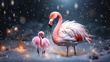  a couple of flamingos standing next to each other on a snow covered ground with a bright light in the background.