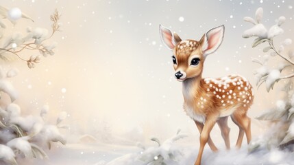  a painting of a fawn standing in the snow in front of snow covered trees and snow - covered branches.
