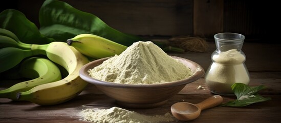 Gluten-free vegetable flour made from green bananas, showcased on a rustic wooden table, with a focus on healthy cooking and lifestyle.