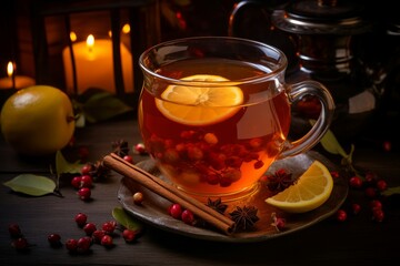 Aromatic Hot fruit homemade tea. Glass warm. Generate Ai