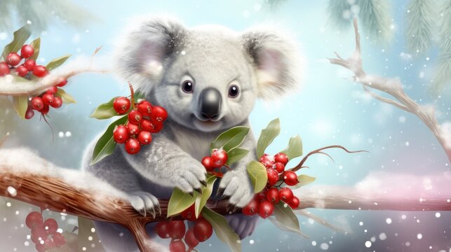  a painting of a koala bear sitting on a branch of a tree with berries on it's branch.