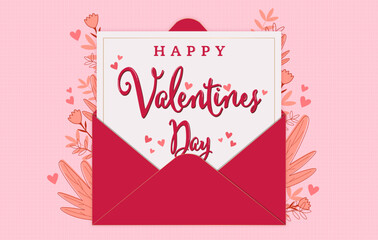 Happy Valentines Day envelope and flowers on pink holiday vector background top view. Various flowers for love romantic message in envelope. Flat lay composition.