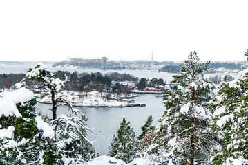 Zelfklevend Fotobehang winter landscape. view of lake malaren, island Fjaderholmarna and Stockholm in Sweden, snow-covered trees and pines. © Ordasi  Tatyjana