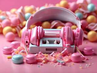 Headphones with Candies, sprinkles, and marmalades in a pastel color flat lay with sweets.