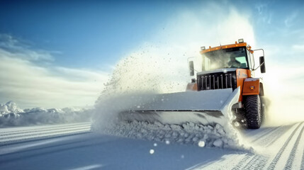 Snow Plow Clearing Winter Road Under Bright Sunlight - obrazy, fototapety, plakaty