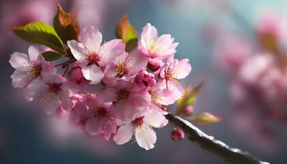 Obraz premium A close-up of pink cherry blossoms with a blurred background, highlighting the flowers’ delicate petals and stamens.