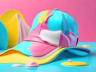 Pop art composition with pink, blue and  yellow cap and liquid.