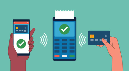 Contactless Payment Concept, Human Hand holding Phone and Credit Card close to POS Terminal with NFC Technology for Money Transfer, Vector Flat Illustration Design - obrazy, fototapety, plakaty