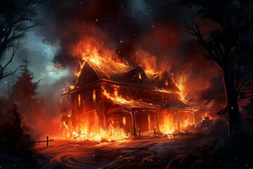 House in fire. Damage smoke rescue. Generate Ai