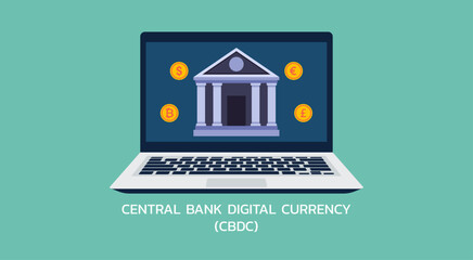 Unlocking the Future of Finance, CBDC and Digital Currency Transformations for Seamless Money Payment Transfers on Laptop, Flat Vector Illustration Design