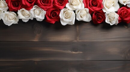 Roses de couleur rouge et blanche sur un fond en bois avec espace pour ajouter du texte