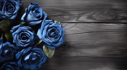 Roses de couleur bleu sur un fond en bois avec espace pour ajouter du texte - obrazy, fototapety, plakaty