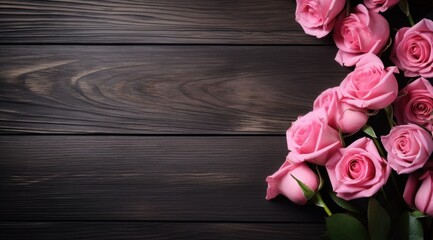 Roses de couleur rose sur un fond en bois avec espace pour ajouter du texte