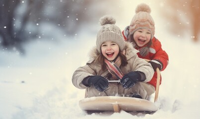 Fototapeta na wymiar Happy and smiling kids are enjoying sledding on snow in winter on sledge or bob sledge