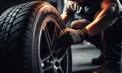 Fototapeta na wymiar A skilled car mechanic changes tire on a car wheel. Tire change concept