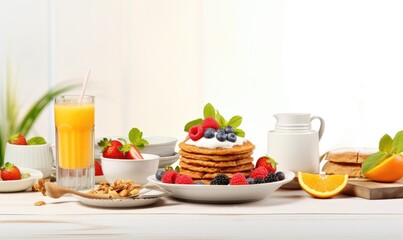 Healthy breakfast concept with fresh pancakes, berries, fruit on white backgroudt. Free space for your text.