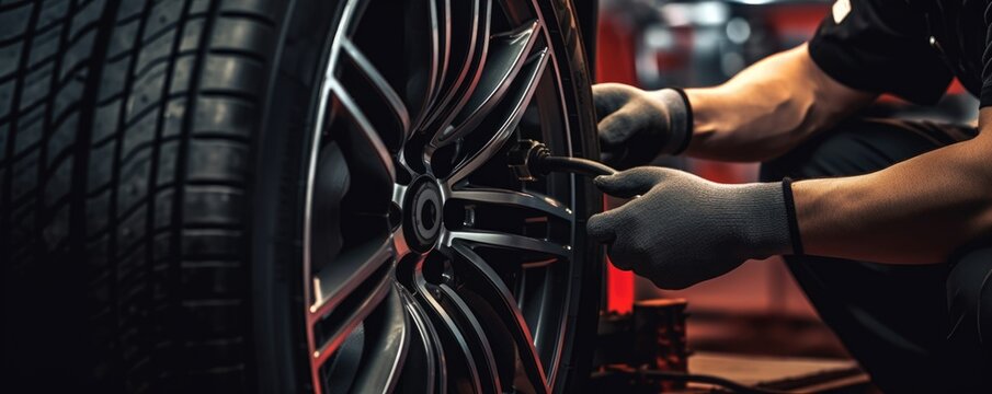 A skilled car mechanic changes tire on a car wheel. Tire change concept