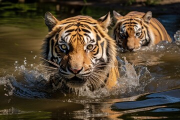 Fototapeta na wymiar Tigers on the hunt. Tigers in the wild
